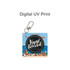 A clear acrylic keychain featuring a vinyl record design with a beach scene background and a metal clasp.