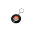A black vinyl record keychain with a circular design and a silver chain, featuring a logo in the centre.