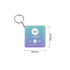 A square acrylic keychain featuring a gradient design in blue and purple, with a logo and playback controls.