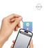 An NFC acrylic keychain in gradient blue and purple design, held next to a smartphone, showcasing a logo.