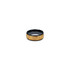 A ceramic ring featuring a black band with a textured gold design. It has a shiny finish and includes a logo.