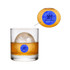 A glass of amber liquid with a round ice cube has a blue sticker with a logo on the side.