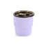 A purple 220ml double wall stainless steel camping mug with a black lid and a handle; features a branding logo.