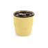 A camping mug in a soft yellow shade with a stainless steel double wall and a lid. It features a logo.