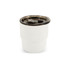 A double wall stainless steel camping mug in white with a dark lid and a logo on the side.