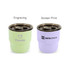 A double wall stainless steel camping mug in light green and lavender, each with a lid and different branding.