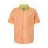 A men's orange polyester spandex Cuban collar shirt with white shell patterns and a green collar. Features a logo.