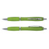 A translucent green plastic pen with a silver clip and accents, displayed in two positions.