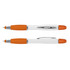 A multi-function pen with a white body and orange rubber grips, featuring a clip and chrome accents.