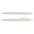 A set of light green plastic pens with silver accents, featuring a click mechanism and a smooth finish.