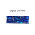 A wide headband in blue with various geometric patterns and a logo. Features a digital UV print design.