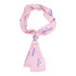 A pink chiffon long scarf featuring text and designs, with a logo present.