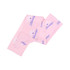A pink chiffon long scarf with white floral designs and the word "Blessings" printed on it. It has a brand logo.