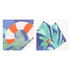A satin long scarf featuring a vibrant blue background with tropical patterns in green and orange hues, and a logo.