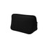 A black neoprene cosmetic bag with a zip closure and stitched detailing. It features a logo on one side.