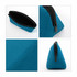 A teal neoprene cosmetic bag with a black zipper, featuring a triangular design and interior lining.