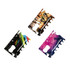 Three card-sized multi-tools in vibrant colours, featuring various designs and a ruler measurement. Each tool has a branding logo.