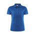 A blue women's polo shirt with a collar and three-button placket. It features a logo on the front.