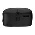A black toiletry bag featuring a removable pouch and zippered compartments, with a subtle logo on the side.