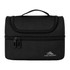 A black lunch bag with a zippered compartment and a handle on top, featuring a logo on the front.