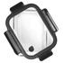 A glass lunch box with a black lid and clips, featuring a square design and a silicone seal.