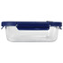 A glass lunch box with a transparent body and a navy blue lid, featuring a secure locking mechanism.