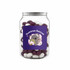 A clear jar filled with purple and white jelly beans, featuring a logo on the front.
