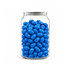 A clear can filled with glossy blue jelly beans, showcasing their vibrant colour and smooth texture.