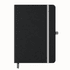 A black A5 notebook with a grey elastic band and ribbon bookmark, featuring a subtle logo on the cover.