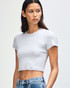 A grey cropped fitted t-shirt with short sleeves and a round neckline, displayed on a model.