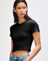 A black crop fitted T-shirt for women, featuring short sleeves and a sleek design. The model wears it with denim jeans.
