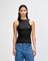 A fitted black tank top worn by a model, paired with blue jeans. The top features a logo.