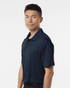 A navy blue men's polo shirt featuring short sleeves and a collar, with a logo on the chest area.