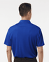 A blue polo shirt with a collar and short sleeves, featuring a logo on the back.