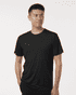 A black performance polo shirt featuring a logo, designed for men and made from moisture-wicking fabric.