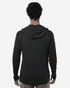 A black performance polo shirt with a hoodie, featuring a back view of a model. Includes a logo on the shirt.