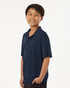 A navy blue men's polo shirt with a collar and short sleeves, featuring a logo.