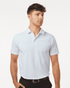 A white men's polo shirt featuring a collar and short sleeves, designed for performance. It has a branded logo.