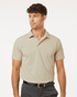 A beige men's polo shirt featuring short sleeves and a collar, with a logo on the chest.