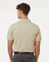 A beige men's polo shirt with a collar, featuring a logo on the back and short sleeves.
