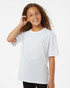 A plain white polo shirt with short sleeves and a relaxed fit, featuring a logo on the chest.