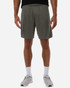 Men's athletic shorts in a muted green colour, featuring an elastic waistband and a logo on the side.