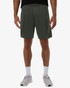 A pair of men's green performance shorts, featuring an elastic waistband and a logo.