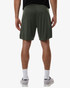 A pair of men's performance shorts in olive green, featuring a smooth design and a branded logo.