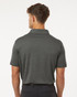 A men's dark grey polo shirt with a collar, featuring a logo on the back.