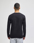 A black long-sleeve t-shirt viewed from the back, featuring a simple design and a fitted silhouette.