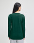 A long-sleeve t-shirt in dark green, displayed from the back, featuring a logo.