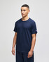 A navy short sleeve t-shirt with a crew neck and a logo on the sleeve.