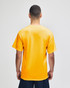 A bright yellow short sleeve t-shirt viewed from the back, featuring a logo.