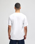 A plain white short sleeve t-shirt displayed from the back, featuring a logo on the upper back.